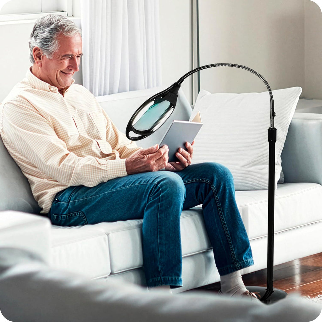 Brightech LightView Pro Magnifying Floor Lamp - Hands Free Magnifier with Bright LED Light for Reading - Work Light with Flexible Gooseneck - Standing Mag Lamp