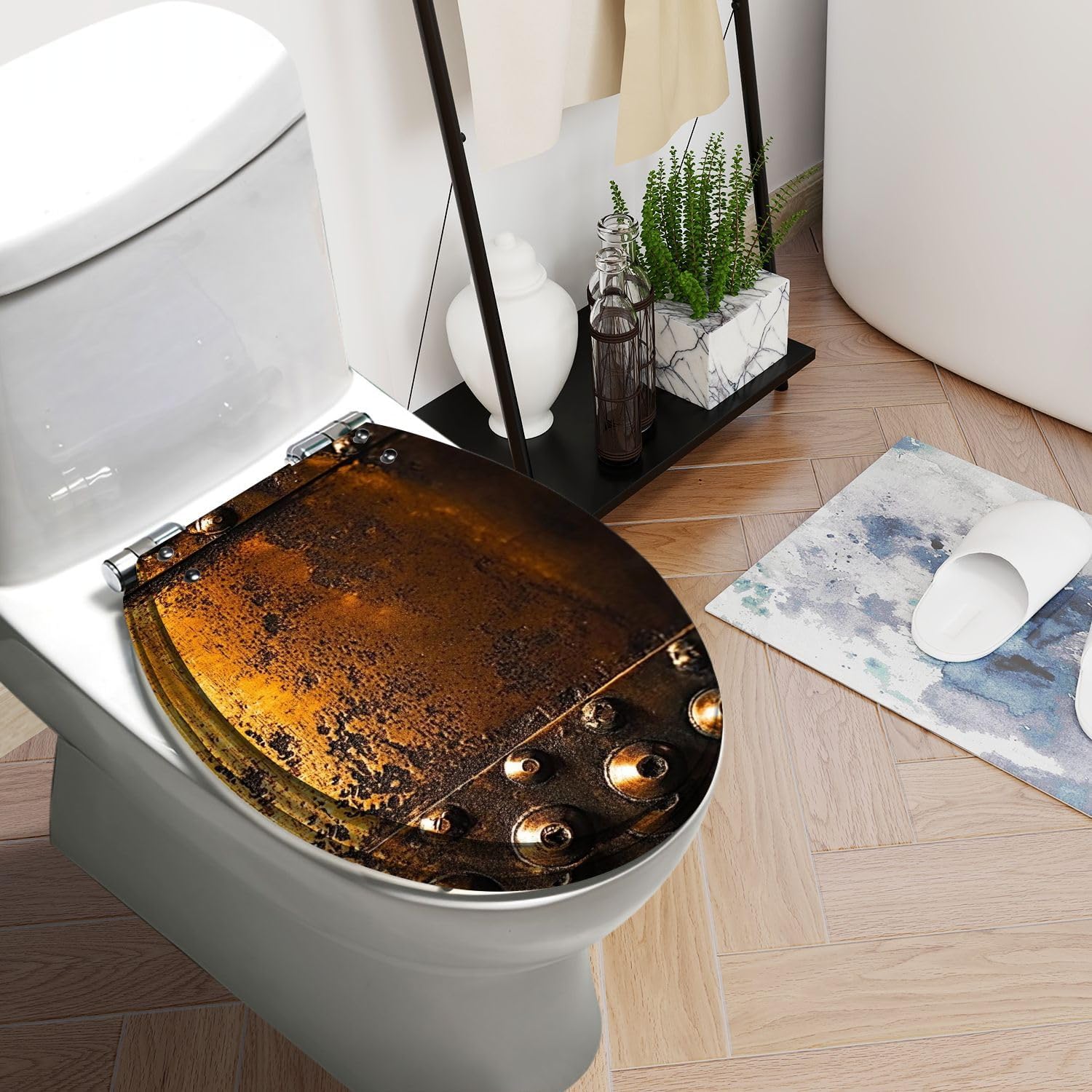 Round Toilet Seat Scratched Copper Rivets Resin Toilet Seat Slow Quiet Close with Quick-Release Hinges Toilet Seat with Cover Easy to Clean Install