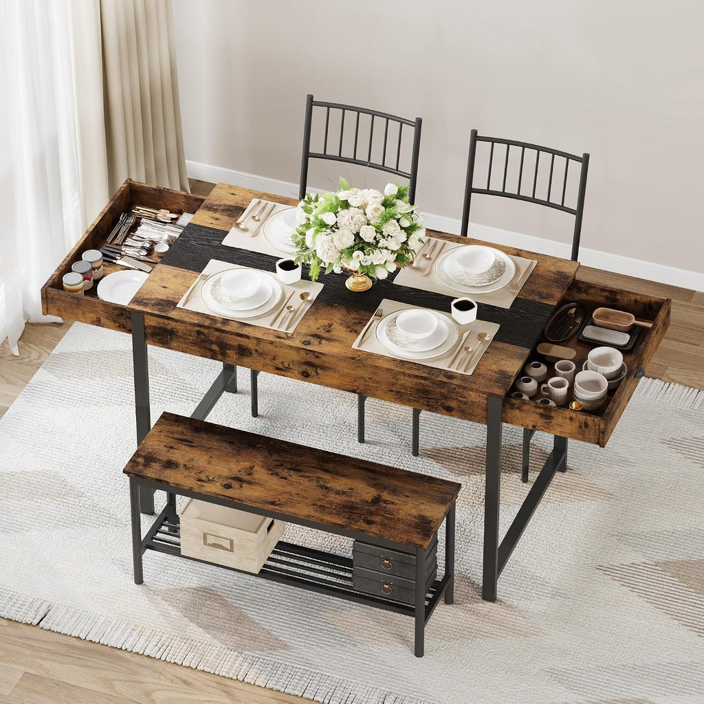 GarveeHome Dining Table Set for 4, Small Kitchen Table and 2 Chairs for 4 with Bench, Space Saving Kitchen Table Set with Storage Rack & Drawers, Breakfast Nook Rectangular Farmhouse Table Set, Retror