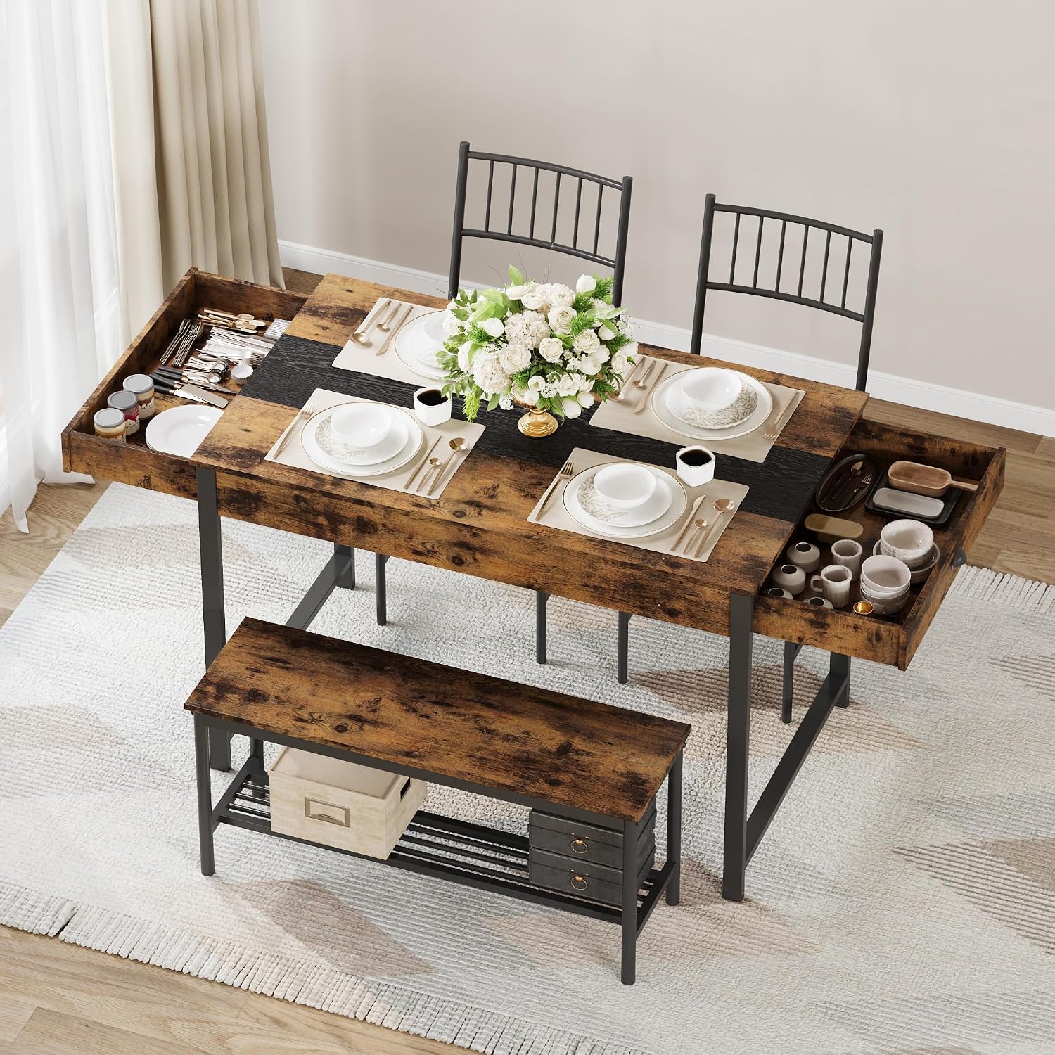 GarveeHome Dining Table Set for 4, Small Kitchen Table and 2 Chairs for 4 with Bench, Space Saving Kitchen Table Set with Storage Rack & Drawers, Breakfast Nook Rectangular Farmhouse Table Set, Retror