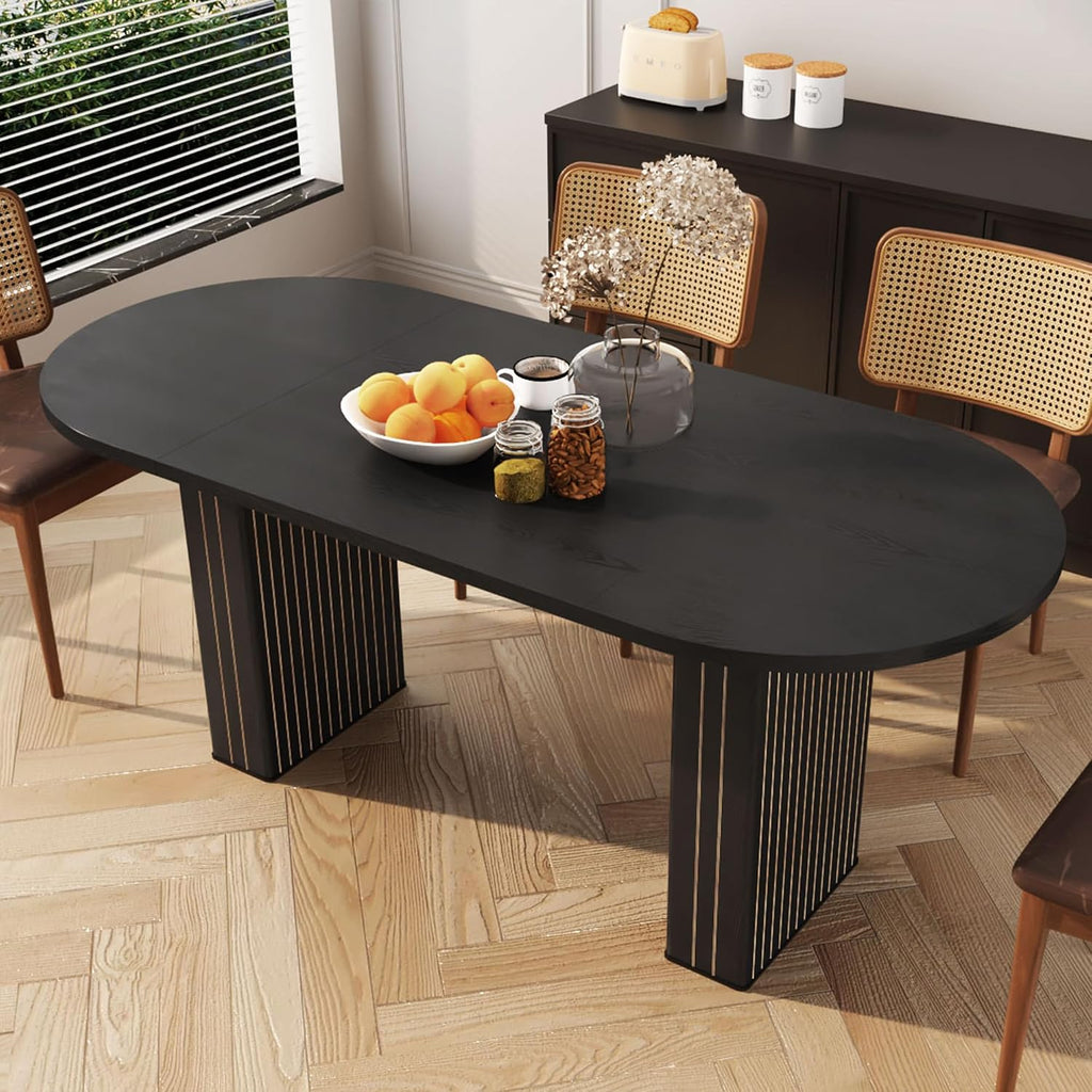 70.8 Inch Kitchen Dining Table for 4-6 People, Oval Kitchen Table with Wood Strip Base, Modern Farmhouse Large Round Dining Room Tables for Home Living Room (Black)