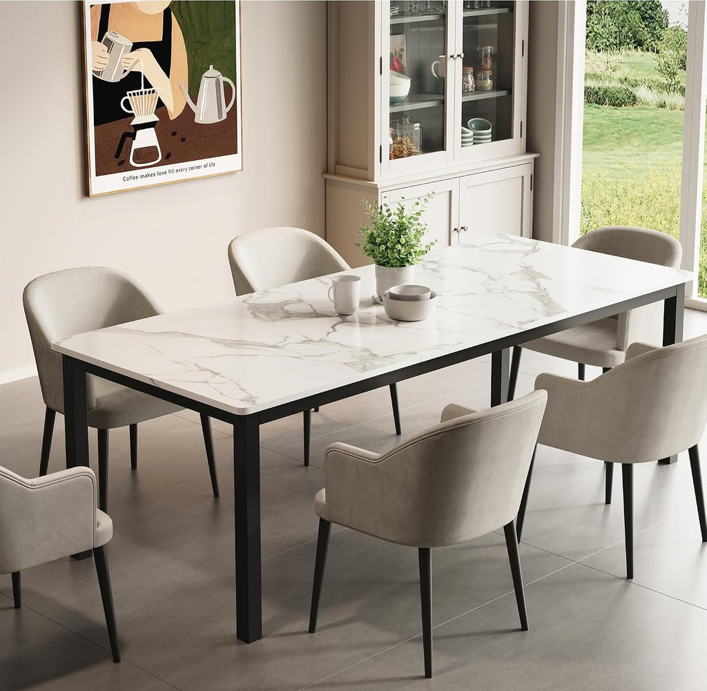 GarveeHome 70.8 in Industrial Dining Table for 6, Wooden Long Dinner Table with Mortise Tenon Design, Kitchen Table with Sturdy Metal Legs, for Dining Room Home Office Living Room, White
