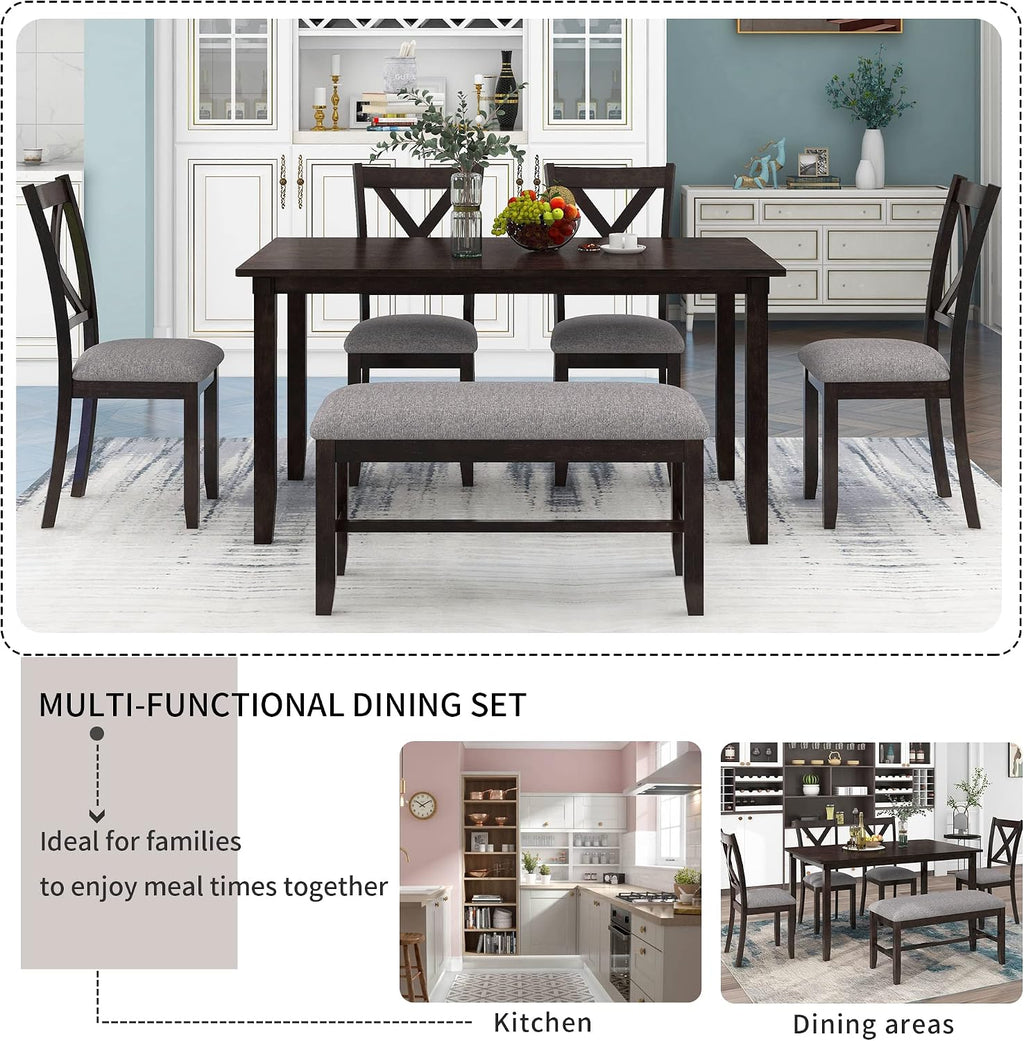 Merax 6 Piece Kitchen Dining Table Set, Wood Rectangular Table and 4 Dining Chairs with Cushions and 1 Bench with Cushion, Kitchen Dining Room Table Set for 6 (Espresso)