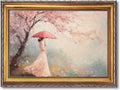 Large Framed Pink Cherry Blossom Tree Girl Oil Painting Wall Art Romantic Woman with Umbrella Canvas Print Spring Floral Japanese-Inspired Decor Vintage Artwork for Living Room Bedroom 24x36inch