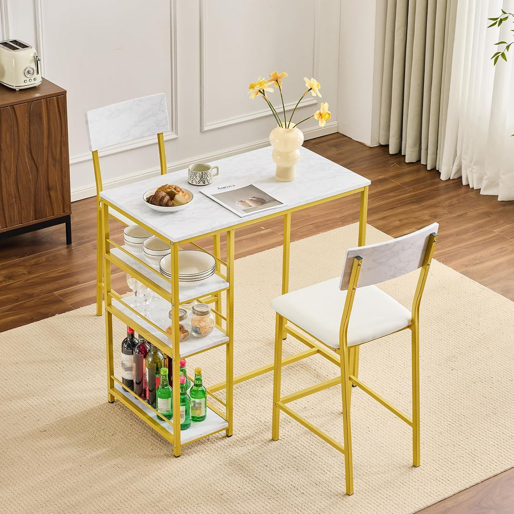 VINGLI Dining Table Set for 2, Kitchen Breakfast Counter Height Small 3 Piece Bar Table and Chairs Set with Storage, White Imitation Marble, Golden Frame