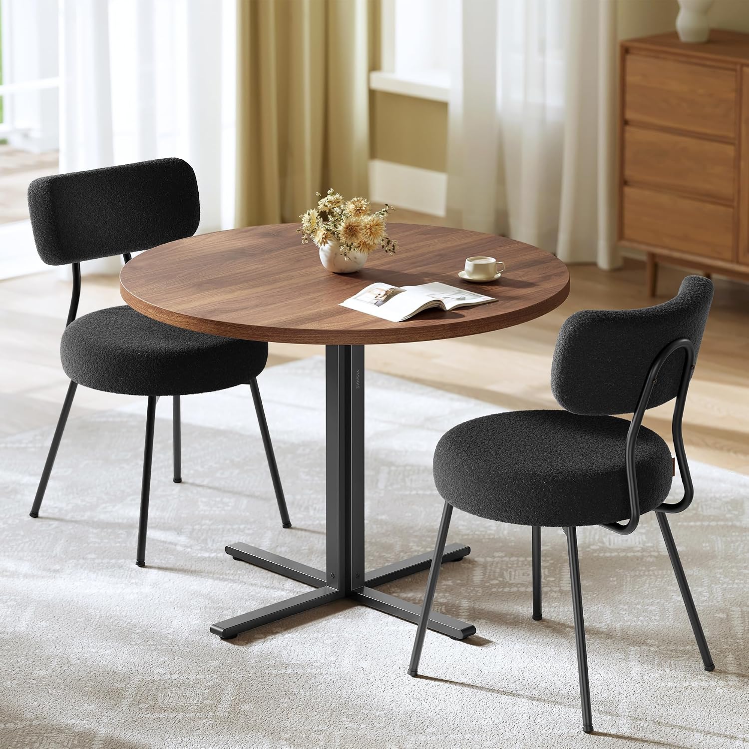 VASAGLE Dining Table Set, Round Dining Table with 2 Upholstered Kitchen Chairs, for Small Spaces, Kitchen, Living Room, Steel Frame, Modern Style, Somber Walnut and Ink Black UZH2507009