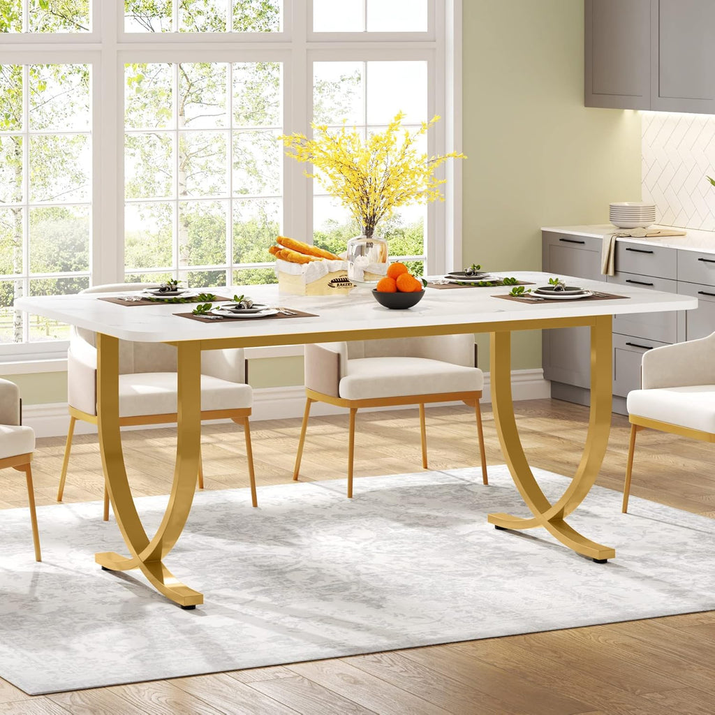 LITTLE TREE Dining Room Table, Kitchen Table with Faux Marble Table Top and Gold Metal Legs
