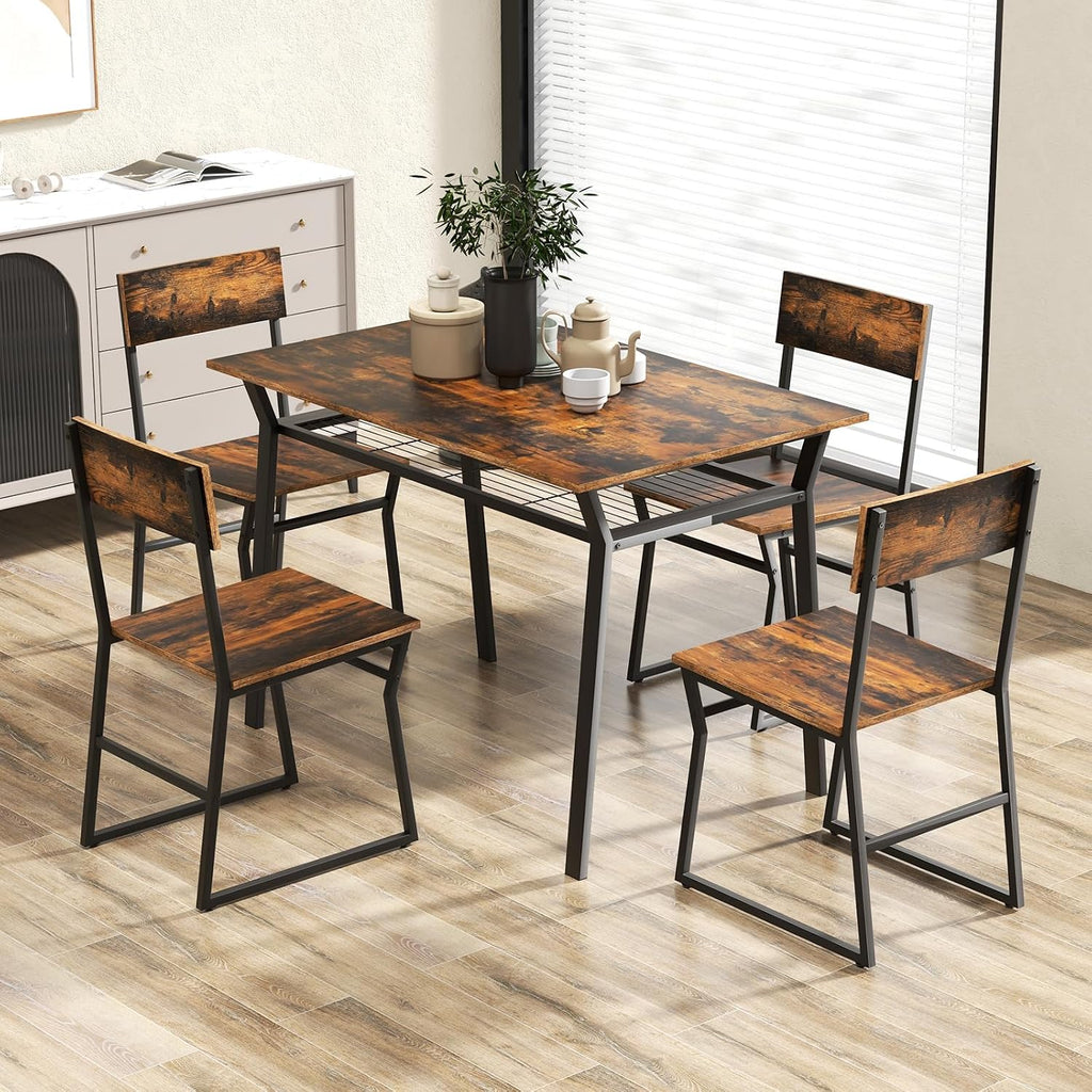 Giantex Dining Table Set for 4, 47'L x 28'W Rectangular Kitchen Table w/ 4 Trapezoid Chairs, Reinforced Metal Frame & Storage Rack, Industrial Space-Saving Dinette Set for Kitchen Dining Room (Brown)