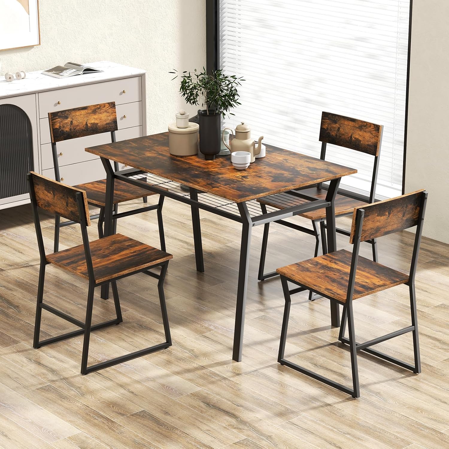 Giantex Dining Table Set for 4, 47'L x 28'W Rectangular Kitchen Table w/ 4 Trapezoid Chairs, Reinforced Metal Frame & Storage Rack, Industrial Space-Saving Dinette Set for Kitchen Dining Room (Brown)