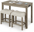 allamazing 3-Piece Counter Height Bar Table Set with Socket and 2 Fabric Padded Bar Stools, Tall Kitchen Breakfast Dining Table Set with Stools (1+2 Natural)