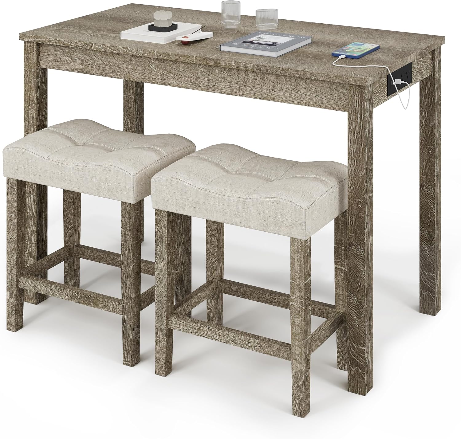 allamazing 3-Piece Counter Height Bar Table Set with Socket and 2 Fabric Padded Bar Stools, Tall Kitchen Breakfast Dining Table Set with Stools (1+2 Natural)