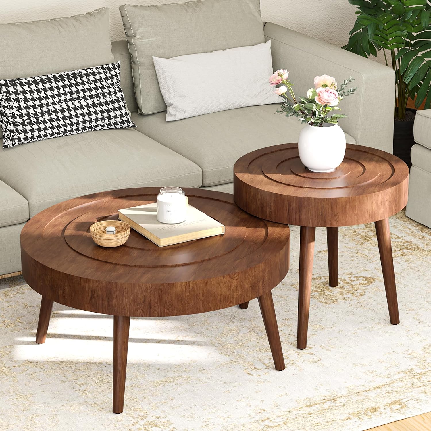 SUNBURY Round Coffee Table, Nesting Tables with Concentric Circle Pattern, Mid Century Modern Coffee Table Set for Living Room Bedroom, 31.5'x16' and 21.8'x20'