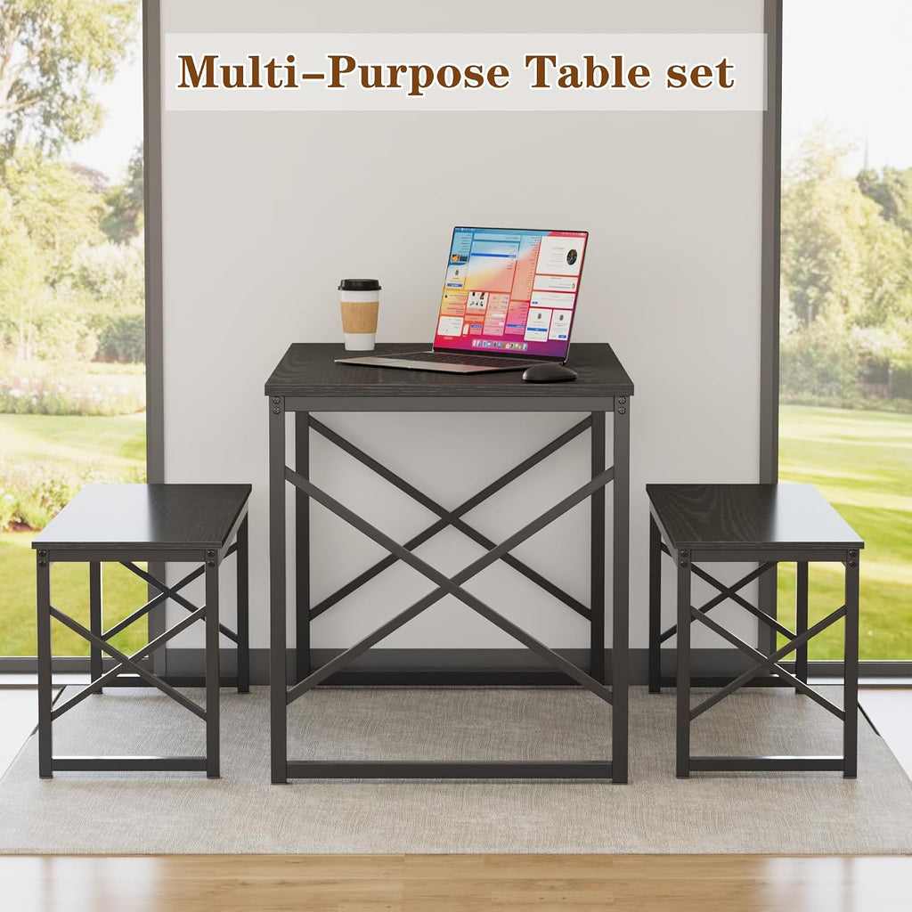 VECELO 43.3' Kitchen Dining Table Set for 4, Heavy-Duty Steel Frame & Wood-Grain Tabletop, Spaving Saving Dinette Sets with 2 Benches for Breakfast Nook and Small Space, Black