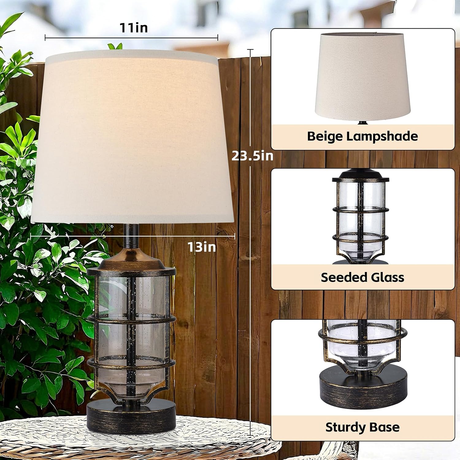 Outdoor Table Lamp, Farmhouse Lamp for Patio Table Decor with Cord, Rustic Table Light with Seeded Glass, 23.5' Plug-in Outdoor Lamps for Patio Waterproof, LED Bulb Included (Antique Copper Color)