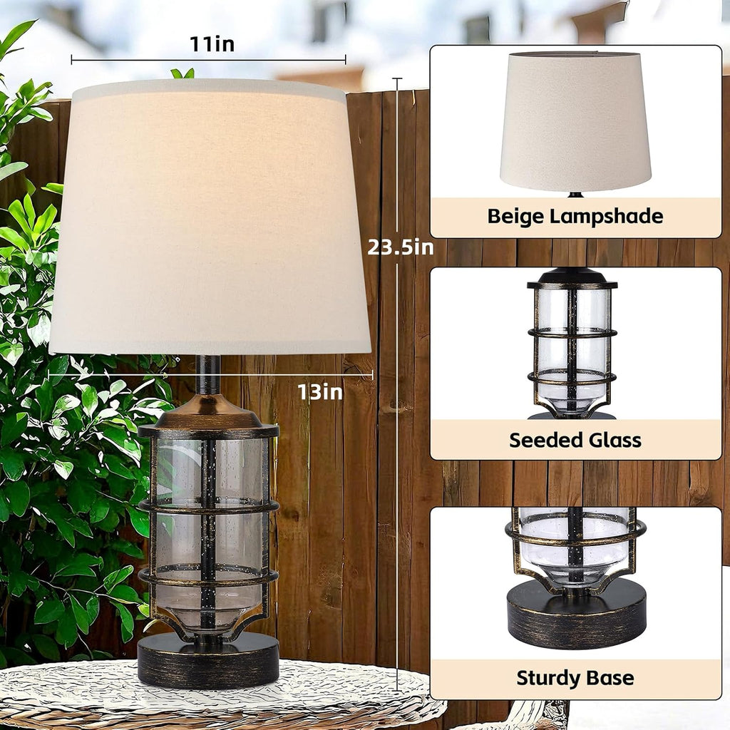 Outdoor Table Lamps Set of 2, Farmhouse Lamps for Patio Table Decor with Cord, Rustic Table Lights with Seeded Glass, 23.5' Plug-in Outdoor Lamps for Patio Waterproof (Antique Copper)