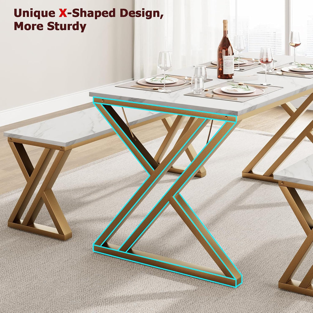 GarveeHome Kitchen Table with 2 Benches, Dining Table Set for 4 with Faux Marble Tabletop, Saving Space Dining Room Table Set for Kitchen, Dining Room, Apartment, Sturdy Metal Frame