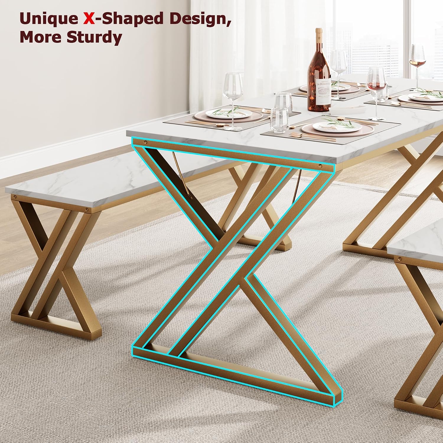 GarveeHome Kitchen Table with 2 Benches, Dining Table Set for 4 with Faux Marble Tabletop, Saving Space Dining Room Table Set for Kitchen, Dining Room, Apartment, Sturdy Metal Frame