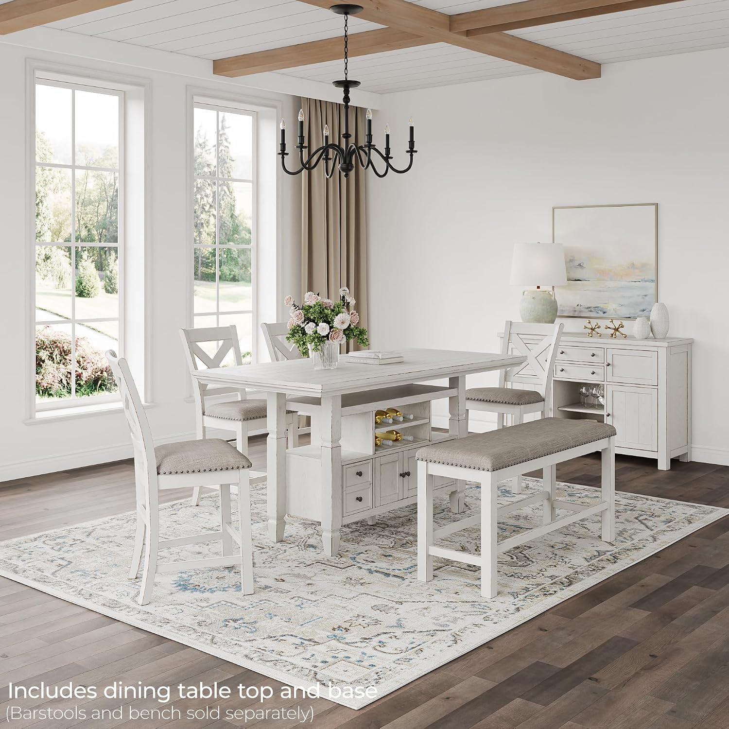 Signature Design by Ashley Robbinsdale Casual Counter Height Dining Table with 10 Bottle Wine Storage, Open Shelves, Drawers and Cabinet, Antiqued White Finish, 36' W x 72' L x 37' H