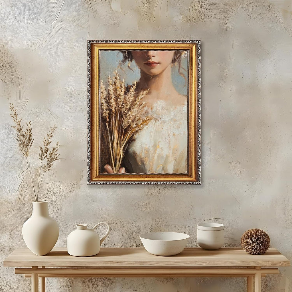 Large Framed Victorian Girl Portrait Painting Vintage Woman Holding Wheat Canvas Wall Art Print Classic European Farm Aesthetic Poster Rustic Romantic Picture Decor for Bedroom Living Room 24x36inch