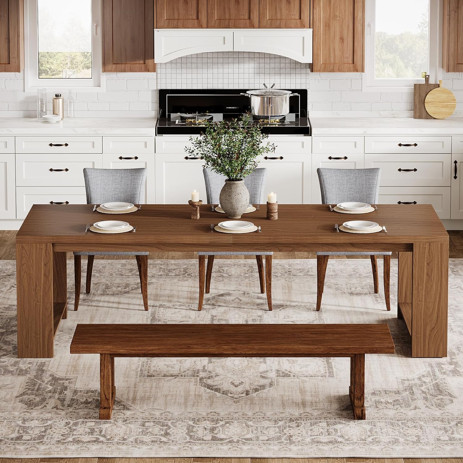 Tribesigns 86.61-Inch Dining Table for 6-8 People, Narrow Long Modern Kitchen Table with Pedestal Base, Farmhouse Extra Long Rectangular Dining Room Furniture, 27.56 x 86.61 x 29.53 Inches, Brown