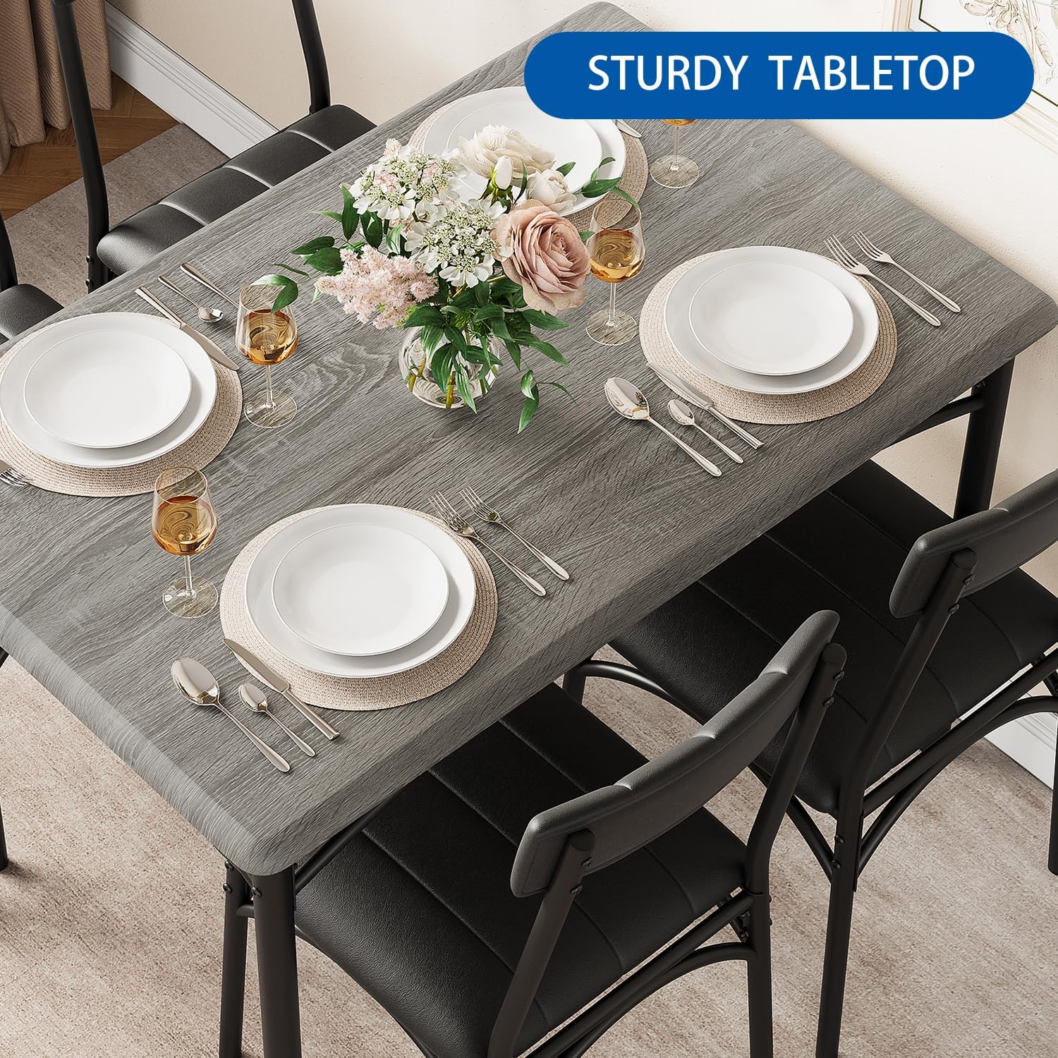 IDEALHOUSE Dining Table Set for 4, Kitchen Table with Chairs for 4, Rectangular Wood Dining Room Table Set with Upholstered Bench for Small Space, Dinner, Apartment, Retro Gray