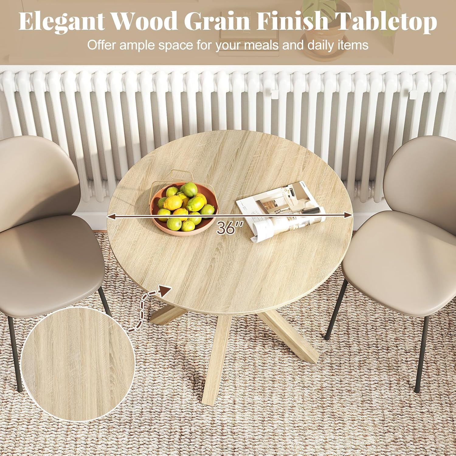 Giantex 36' Round Dining Table for 4, Farmhouse Kitchen Table with Rubber Wood Legs, Adjustable Foot Pads, Dining Room Tables for Dinette, Small Space, Dinner, Living Room, Restaurant, Oak