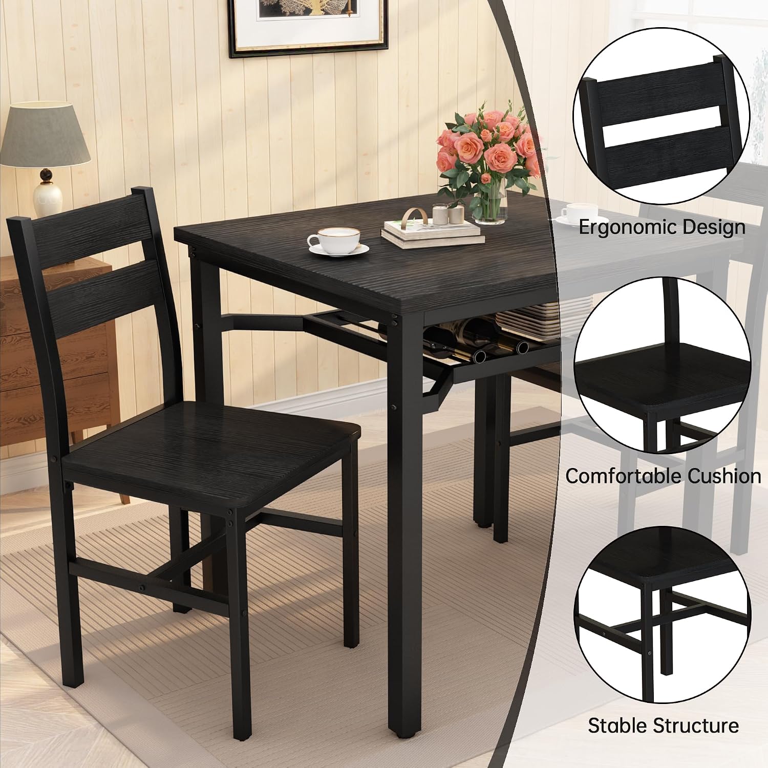 Hooseng 3 Piece Dining Table Set for 2, Small Wooden Kitchen Table with Storage, Farmhouse Square Dinette Set for Dining Room, Breakfast Nook, Apartment, Small Space