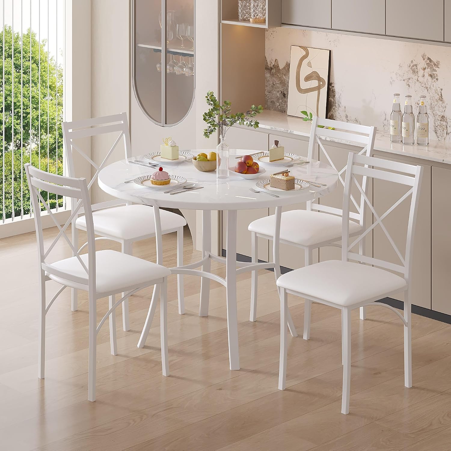 VECELO 5 Piece Dining Table Set for 4, Faux Marble Dinette with Chairs for Kitchen, Breakfast Nook, Small Space, Off White