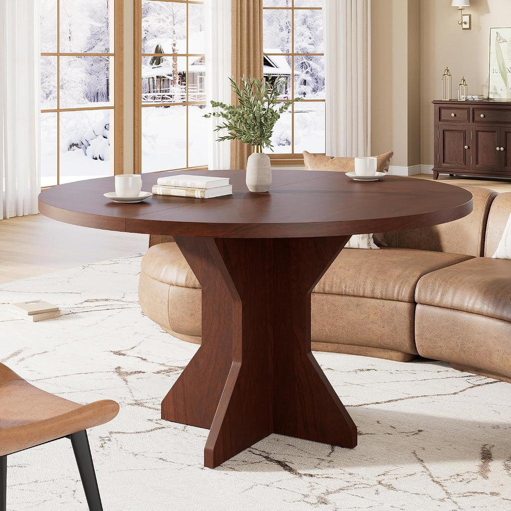 IDEALHOUSE Round Dining Table, 47' Kitchen Table for 4-6 People, Circle Tables with Sturdy Pedestal Base, Space Saving Dinning Room Furniture for Living Room, Kitchen, Apartment, Walnut