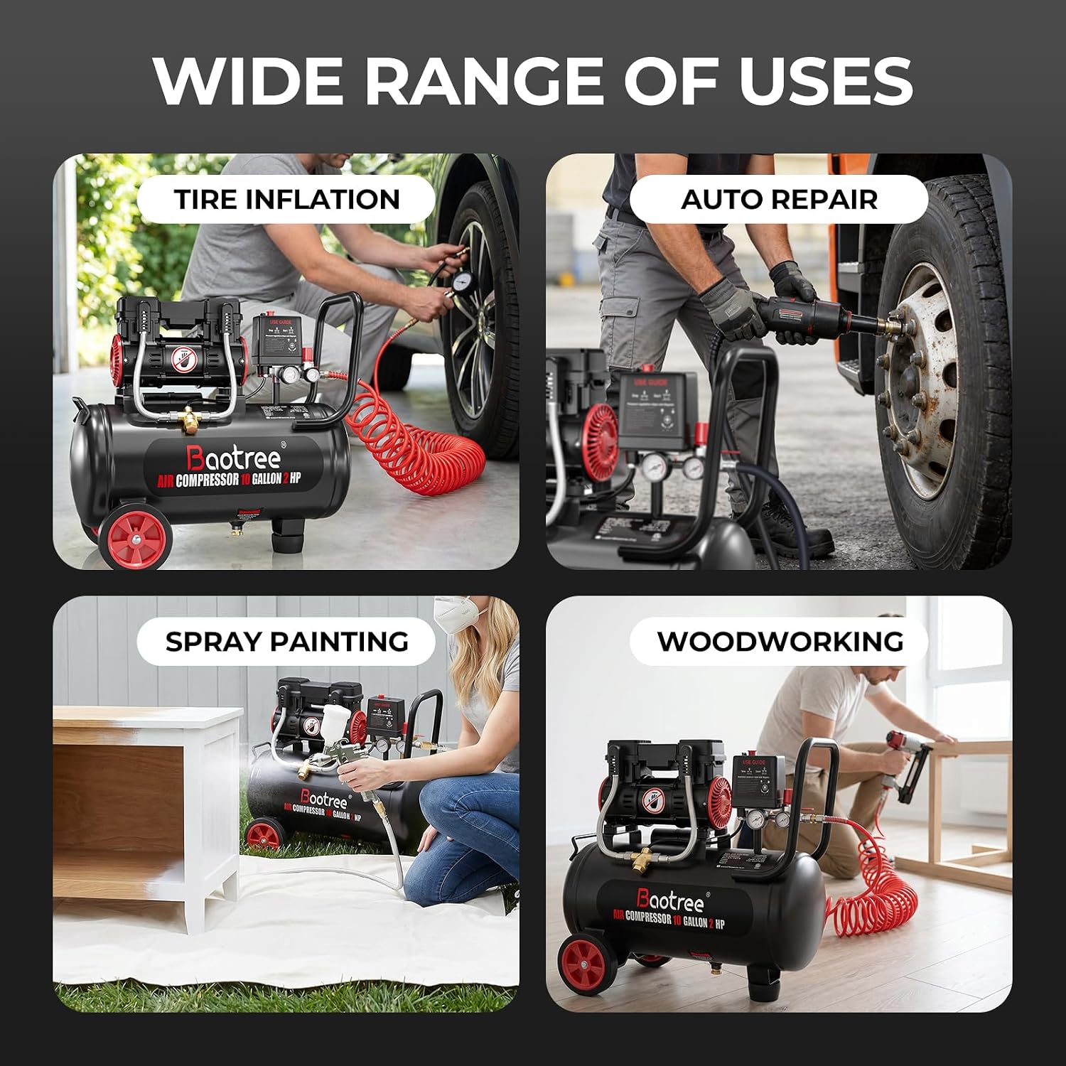 10 Gallon Ultra Quiet Air Compressor with Two Quick Couplers, 2HP MAX 115PSI Oil-Free Air Compressor Steel Tanks, 70dB Air Compressor with Wheels for Spray Painting, Auto Repair, Woodwork Nailing