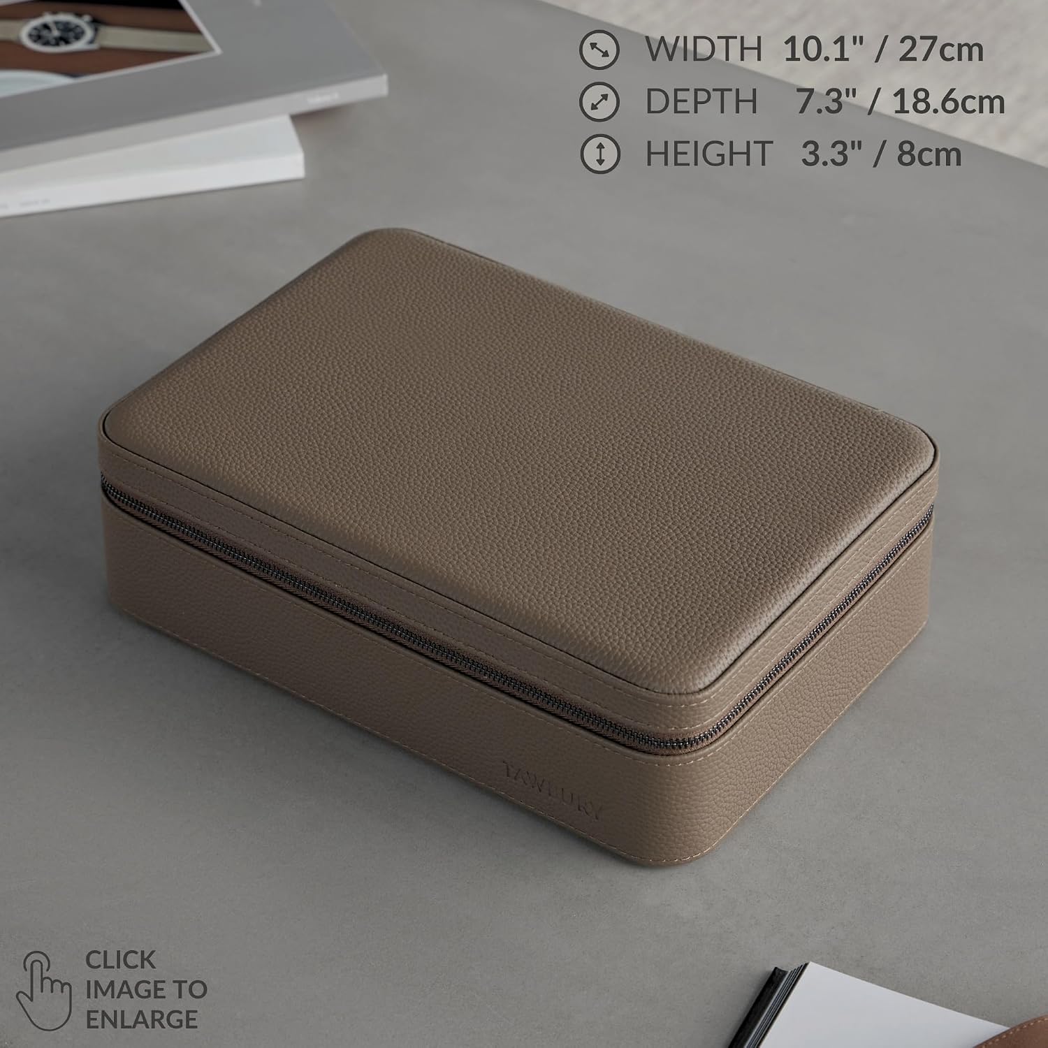 TAWBURY Watch Case - 8 Slot Genuine Top-Grain Leather Watch Box for Men & Women with Extra Wide Pillows for Large Watches - Portable Wristwatch Storage for Home & Travel (Taupe)