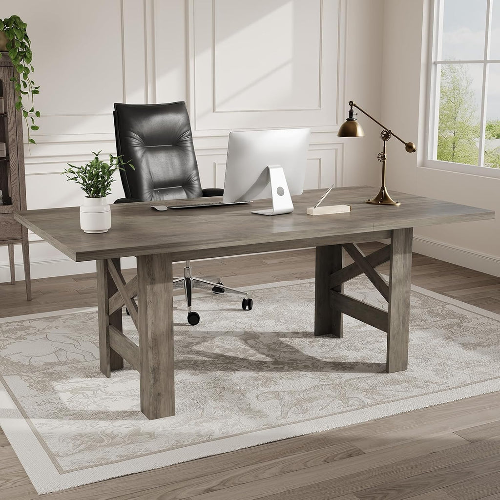 GarveeHome Dining Table for 6-8, 71' Long Wooden Farmhouse Barn Kitchen Table with Thick Sturdy Frame, Rectangular Dining Room Dinner Table with Stable Triangular Legs for Kitchen, Office, Retro Gray
