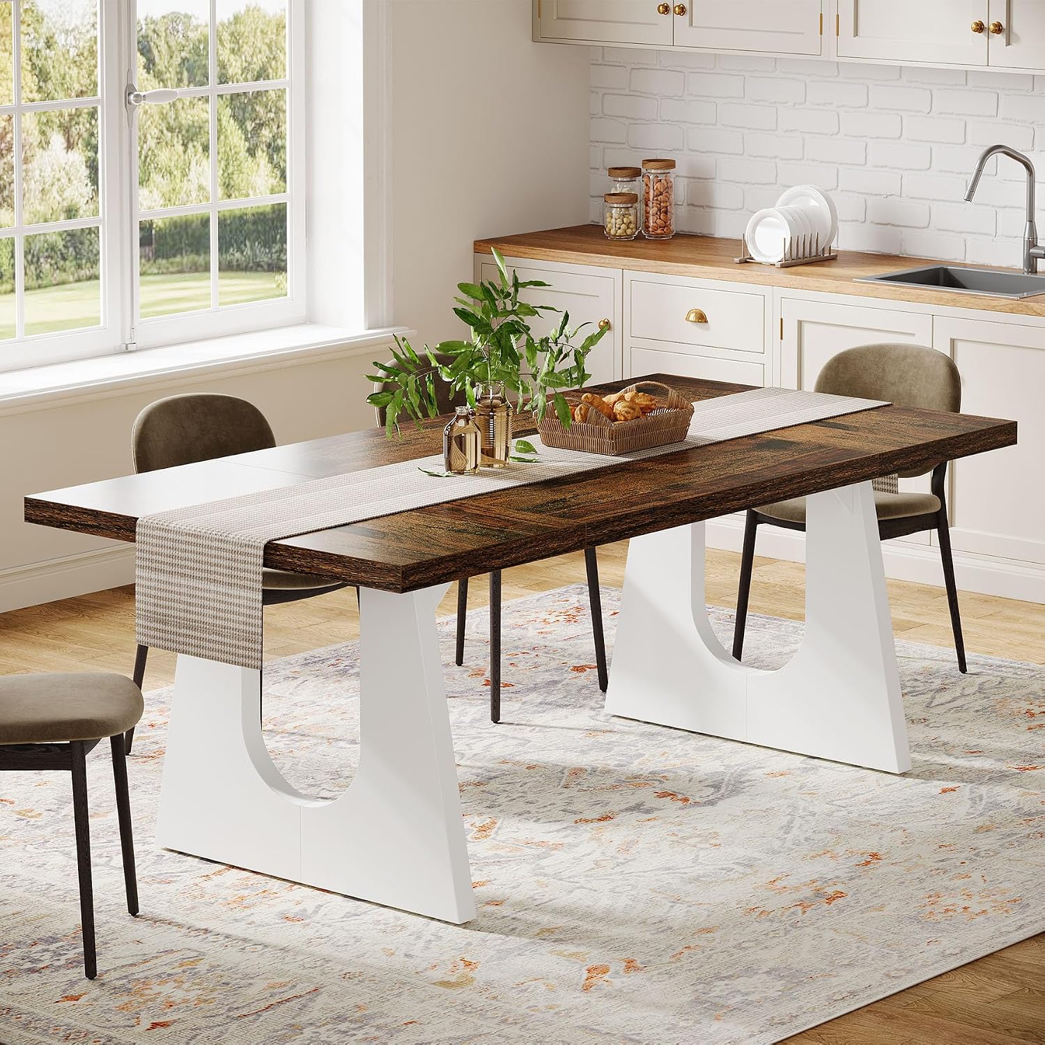 Tribesigns Large Dining Table for 6-8 People, 70.9' Wood Rustic Rectangular Table with White Wooden Legs, Farmhouse Center Kitchen Table for Dining Room, Living Room, Home Furniture (Brown & White)
