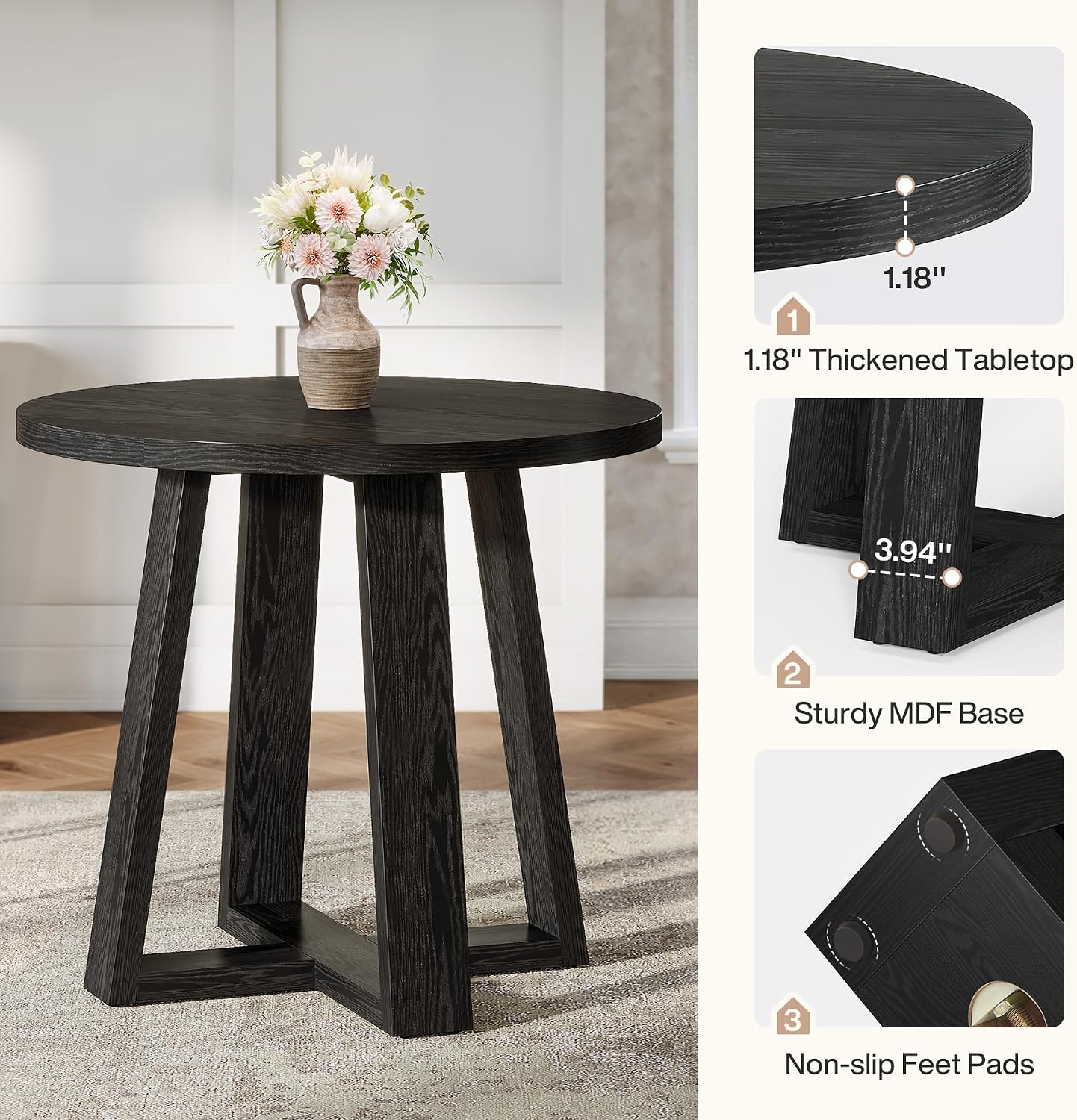 Tribesigns Small Round Dining Table for 2-4 People, 31.5 Inches Farmhouse Kitchen Table for Small Space, Dining Room, Kitchen, Apartment, Black