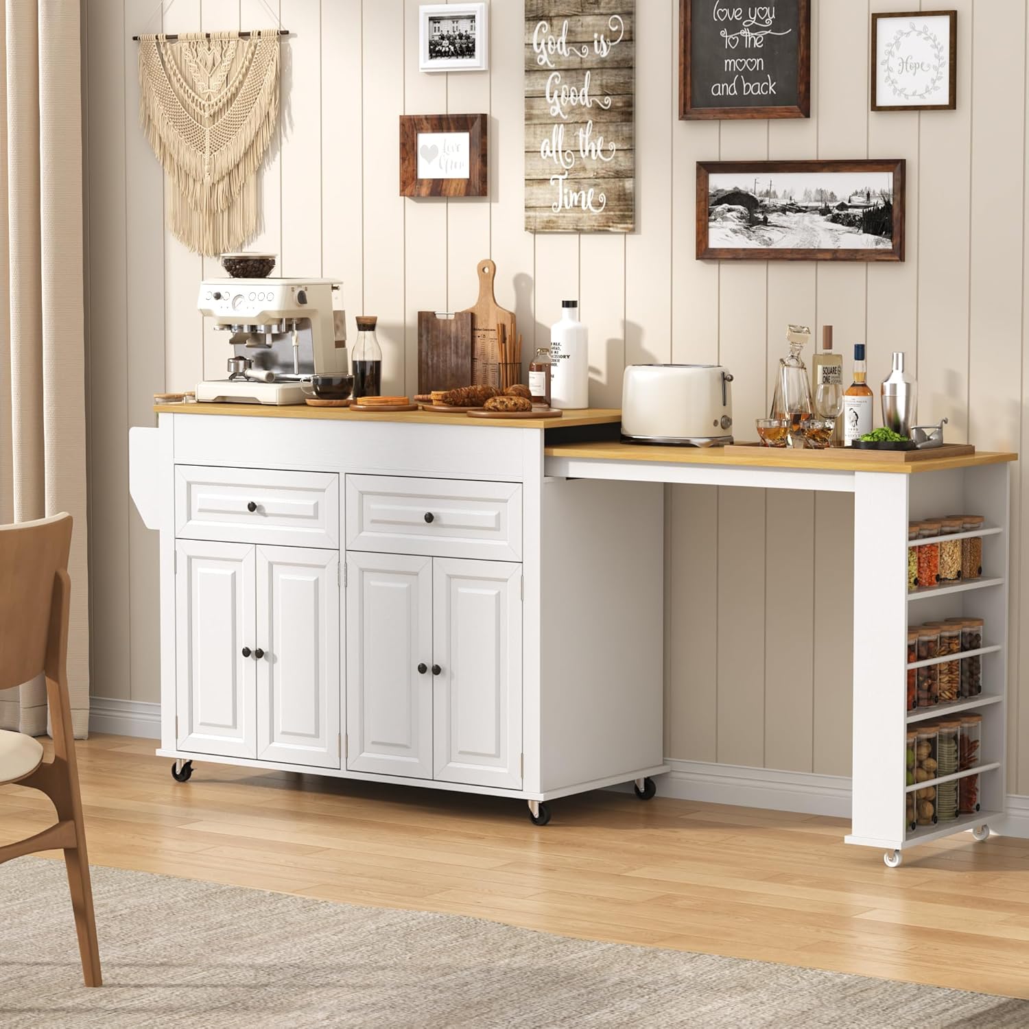 80'-48' Extendable Kitchen Island with Extended Dining Table and Power Outlet,Large Mobile Kitchen Storage Islands with 2 Storage Drawers,Rolling Islands Cart with 3 Extra Rows Open Shelves(White)