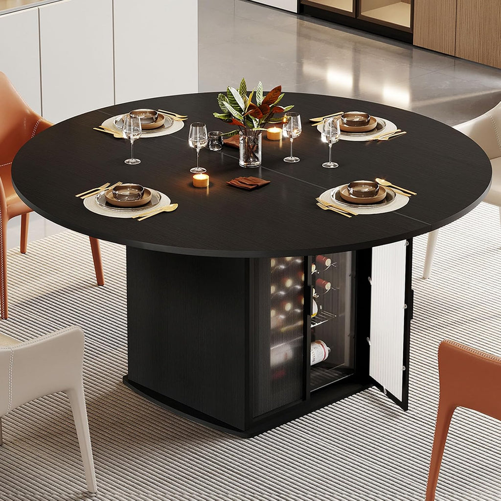 IBF Black Round Dining Table for 4-6, 47' Kitchen Table with Fridge Space, Modern Dining Room Tables with Storage, Industrial Wood Dinner Tables for Home Kitchen Living Room, Black Oak, Only Table