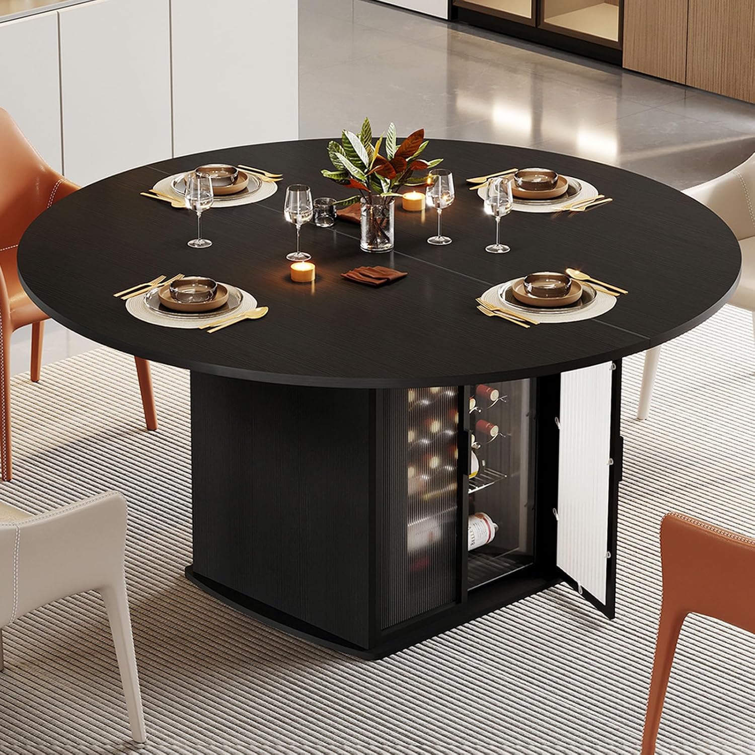 IBF Black Round Dining Table for 4-6, 47' Kitchen Table with Fridge Space, Modern Dining Room Tables with Storage, Industrial Wood Dinner Tables for Home Kitchen Living Room, Black Oak, Only Table