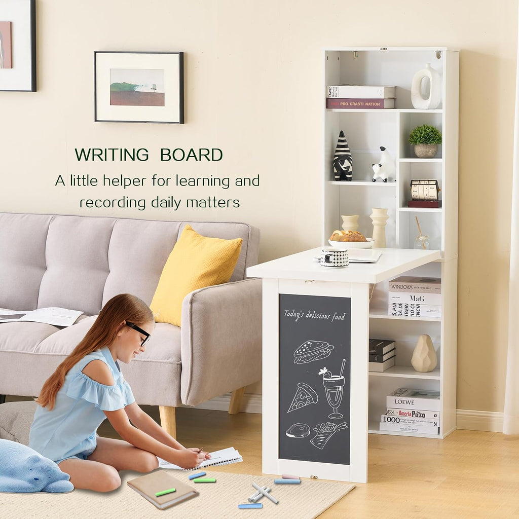 Folding Desk with Storage,Foldable Convertible Writing table with Blackboard and Shelves,Wall Mount Fold Out Table Cabinet , Space-Saving Murphy Desk Multi-Function Home Office Workstation (White)