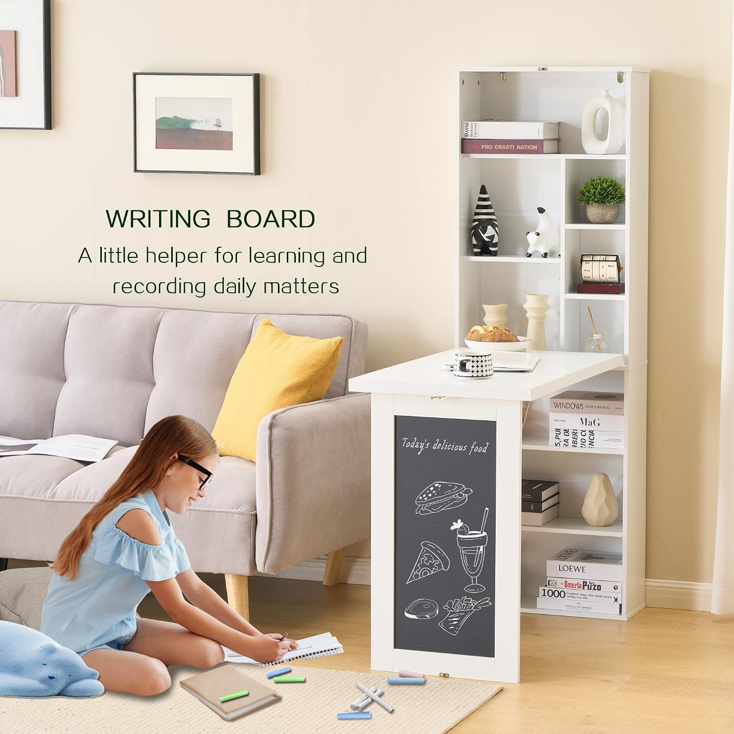 Folding Desk with Storage,Foldable Convertible Writing table with Blackboard and Shelves,Wall Mount Fold Out Table Cabinet , Space-Saving Murphy Desk Multi-Function Home Office Workstation (White)