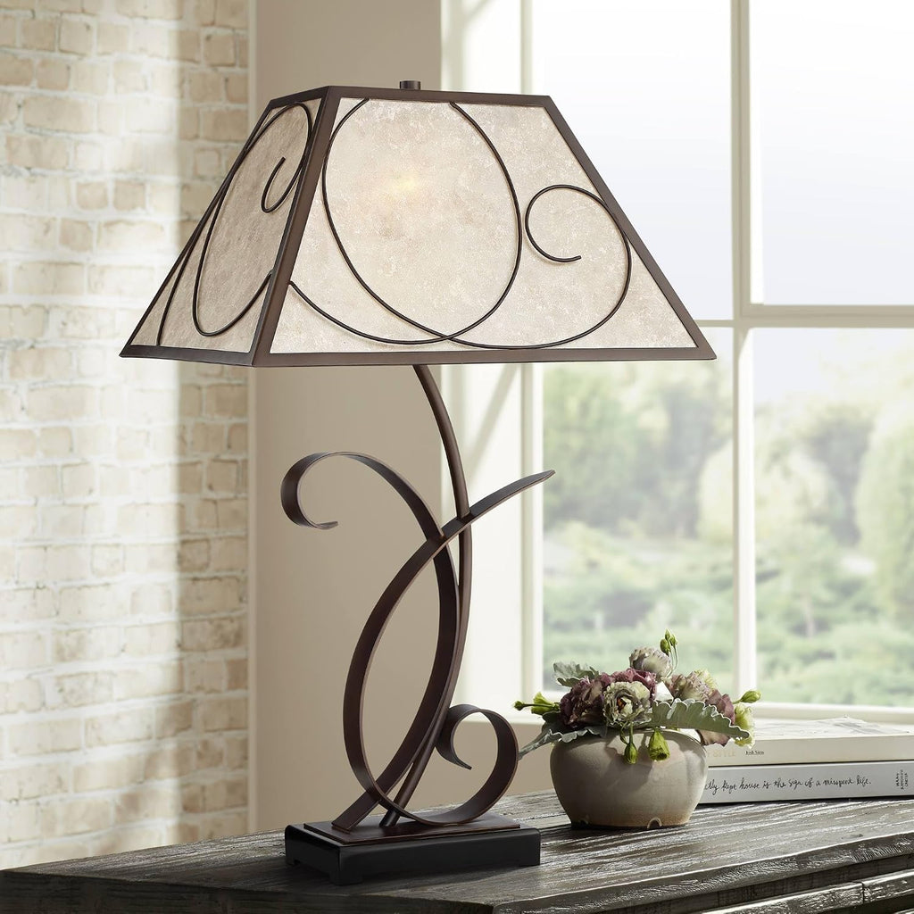Franklin Iron Works Teri Rustic Farmhouse Country Cottage Core 3-Way Table Lamp 27' Tall with Dimmer and USB Charging Port Brown Metal Floral Light Mica Tapered Shade for Bedroom Living Room