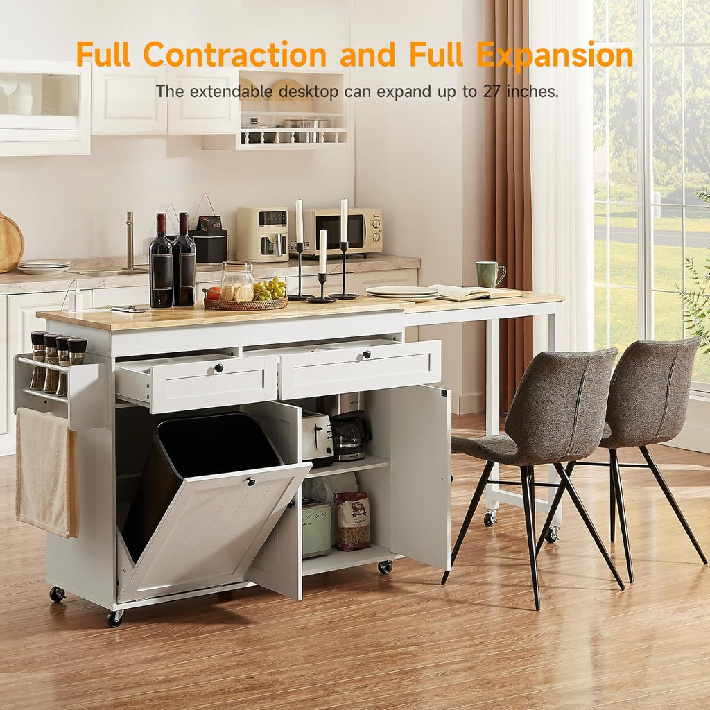 ONBRILL Kitchen Islands with Extendable Dining Table, 81.7' Mobile Kitchen Storage Islands, Rolling Kitchen Cart with Trash Cabinet, Power Outlet, Spice Rack & Towel Rack (White)