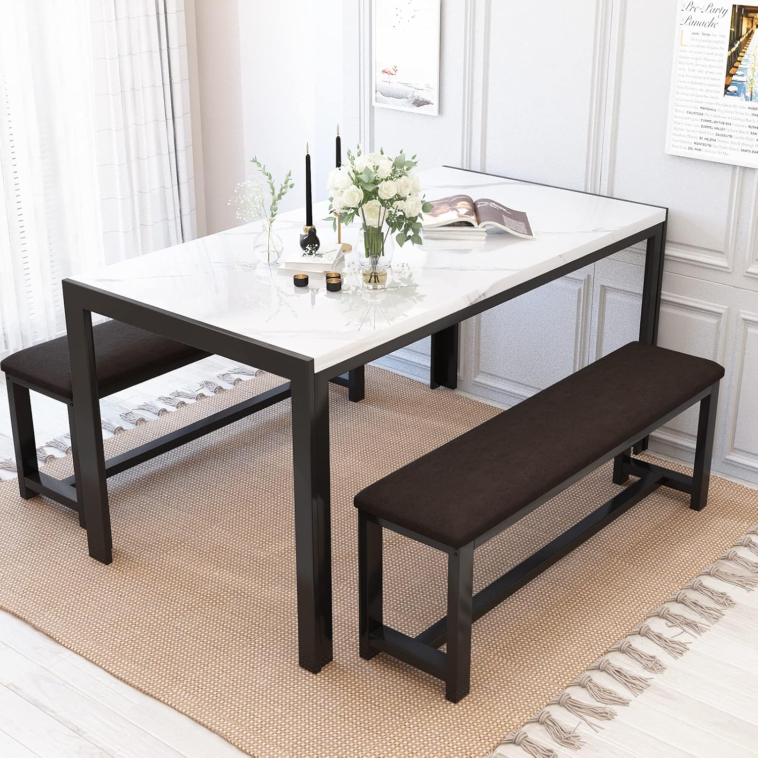 DKLGG Dining Table Set for 4, Kitchen Table with 2 PU Leather Upholstered Bench, Faux Marble Dining Room Table with Bench for Small Space