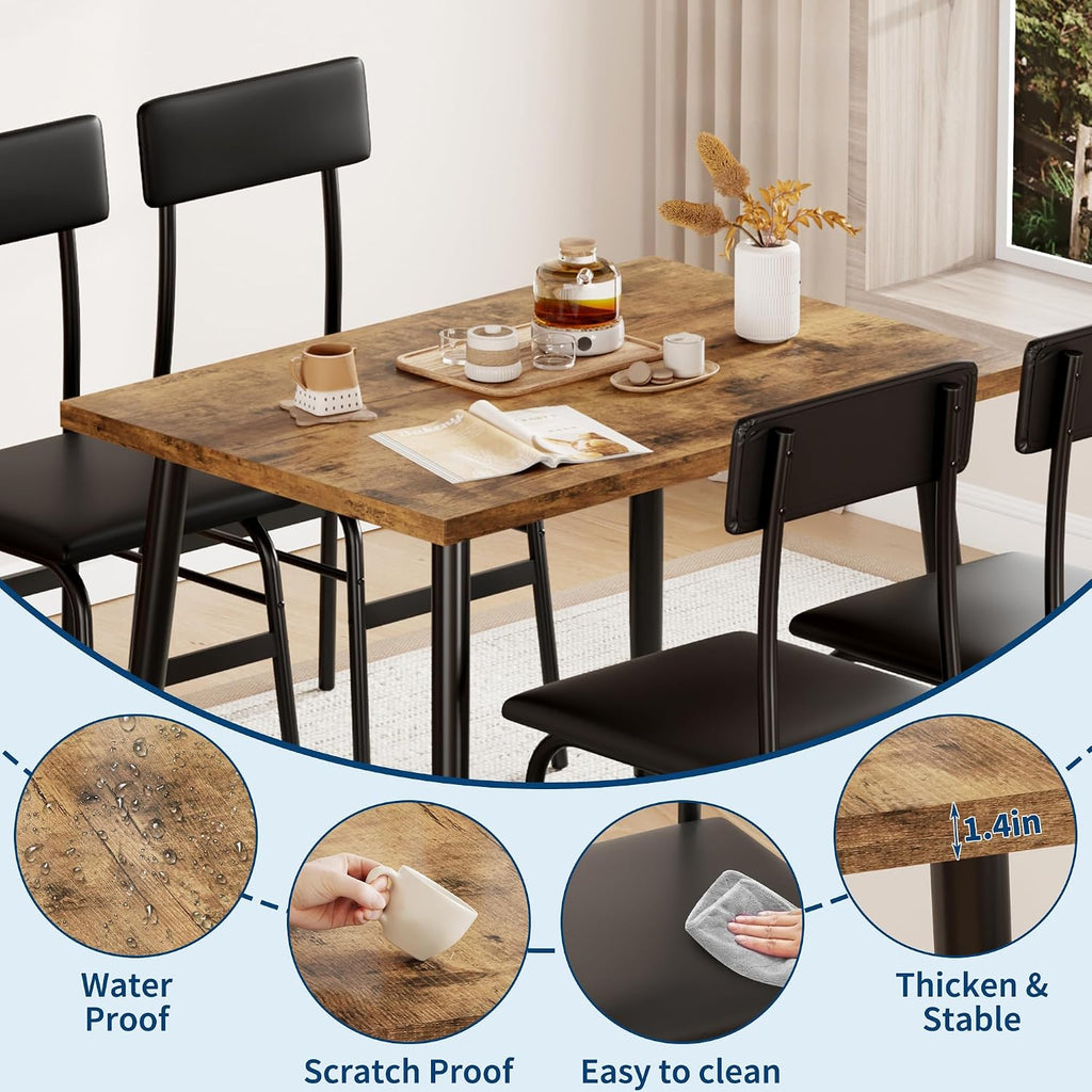 IDEALHOSUE Dining Table Set for 4, 5 Piece Kitchen Table Set with 4 Upholstered Chairs, Breakfast Table for Samll Space, Dining Room, Apartment, Restaurant, Rustic Brown