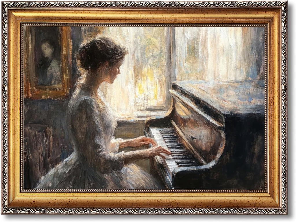 Large Framed Victorian Woman Piano Oil Painting Wall Art Elegant Lady by Window Canvas Print Classical Music Poster Room Decor Vintage European Picture Artwork for Living Room Bedroom 24x36inch