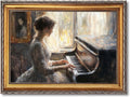 Large Framed Victorian Woman Piano Oil Painting Wall Art Elegant Lady by Window Canvas Print Classical Music Poster Room Decor Vintage European Picture Artwork for Living Room Bedroom 24x36inch