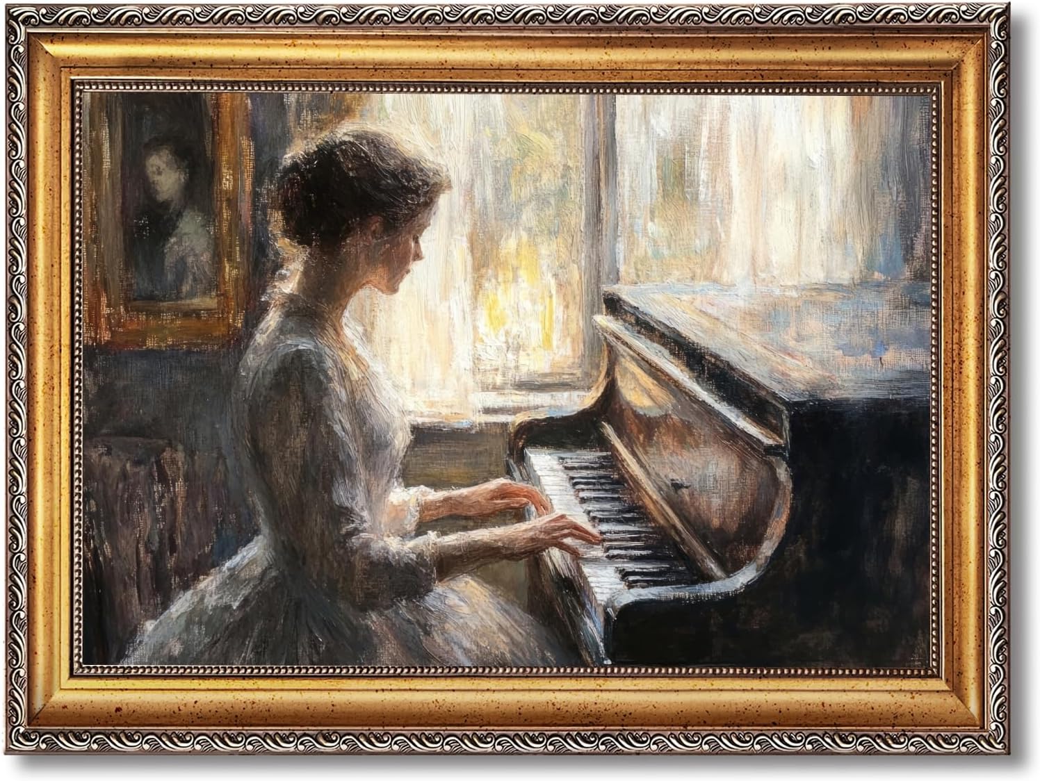 Large Framed Victorian Woman Piano Oil Painting Wall Art Elegant Lady by Window Canvas Print Classical Music Poster Room Decor Vintage European Picture Artwork for Living Room Bedroom 24x36inch