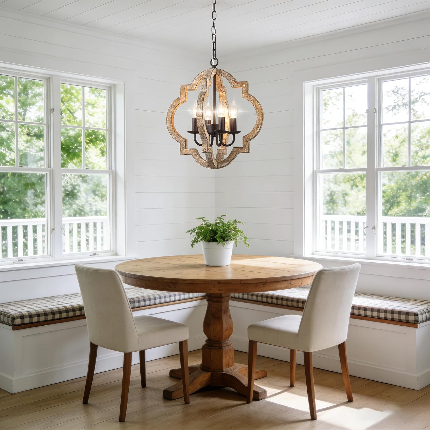 16 Inch Farmhouse Chandelier for Dining Room French Country Light Fixtures Over Table 4-Light Rustic Orb Wood Chandelier for Kitchen Hallway Foyer Entryway Bedroom