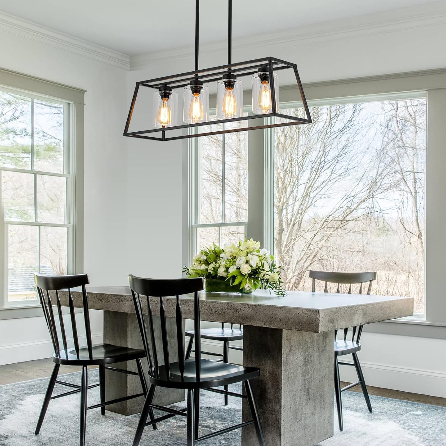 Black Farmhouse Chandeliers for Dining Room, Rustic Kitchen Island Light Fixture, 4-Lighting Linear Pendant Lamp Kitchen Island with Glass Shade ，Apply to Dining Room Light fixtures Over Table