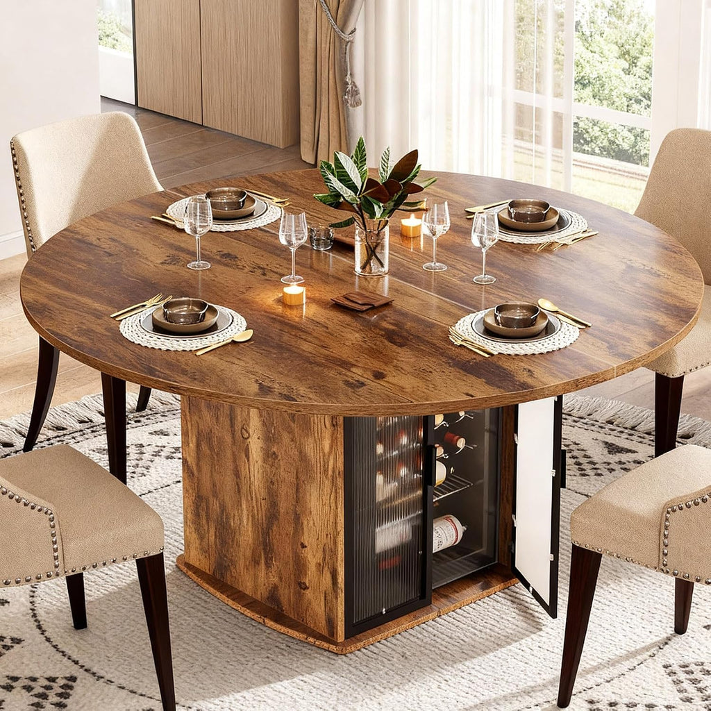 IBF Round Dining Table with Storage, Wood Kitchen Table with Fridge Space, Rustic Circle Dining Room Tables for 4-6, Farmhouse Circular Dinner Tables for Home, Rustic Brown, 47 Inch, Only Table