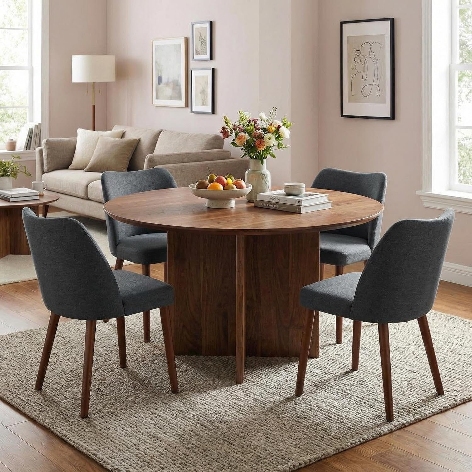GarveeHome Linen Dining Chairs Set of 4 Upholstered Fabric Dining Chair with Wood Legs, Wing Backrest, Wooden Kitchen Chairs with Thick Cushions, Leveling Feet for Dining Room, Living Room, Dark Grey